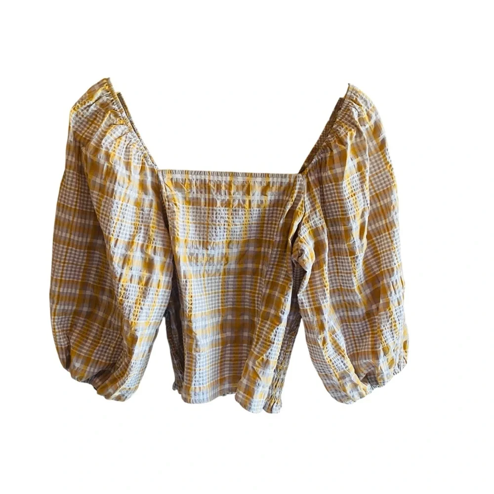 Anthropologie Maeve Plaid Print Square-Neck Blouse Puff Sleeves Cream Yellow Top